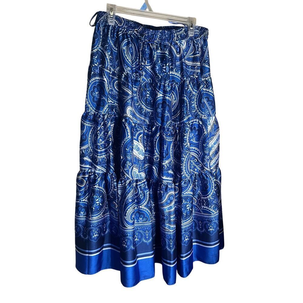 Lauren Ralph Lauren Paisley Tiered Maxi Skirt Elastic Waist Blue Womens Large